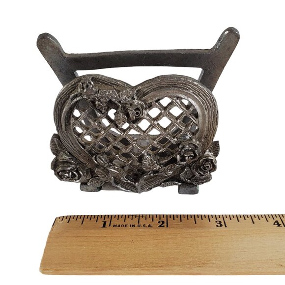 Victorian Pewter Business Card Holder Metal Heart Roses Flower Floral Desk - Picture 8 of 9